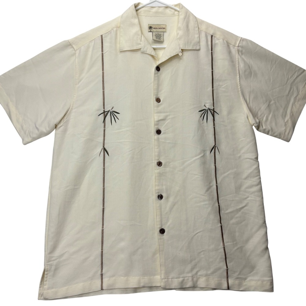 Havana Jack's Cafe Shirt Mens L Ivory Rayon Blend Bamboo Embroidered Camp Aloha